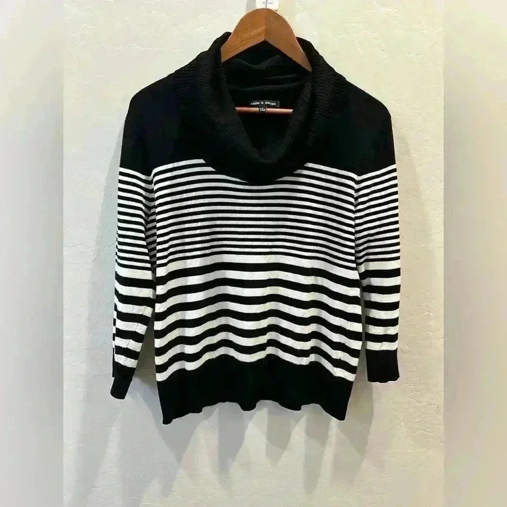 Cable & Gauge Sweater Cowl Neck Varying Striped White & Black Size L